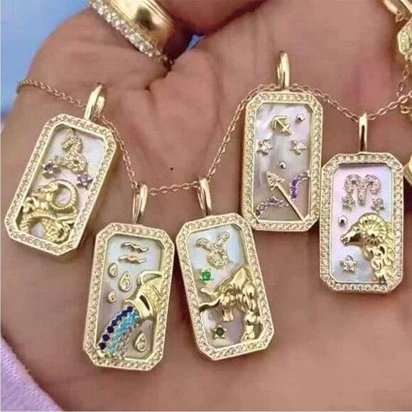 SALE 18k Stamped Gold Filled Aquarius Iridescent Horoscope Crystal Necklace - Picture 4 of 9